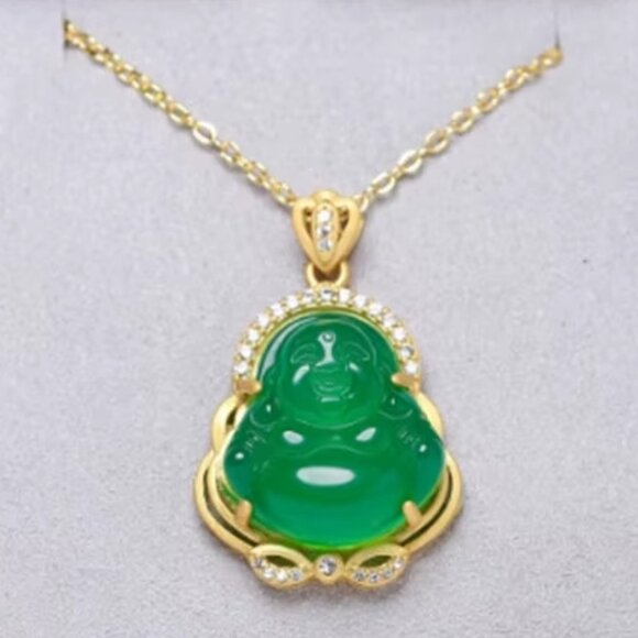 HAPPY BUDDHA PENDANT NECKLACE-925 Silver-Hotei-Green-Gold-Jewelry-Fast Shipping - Picture 2 of 11